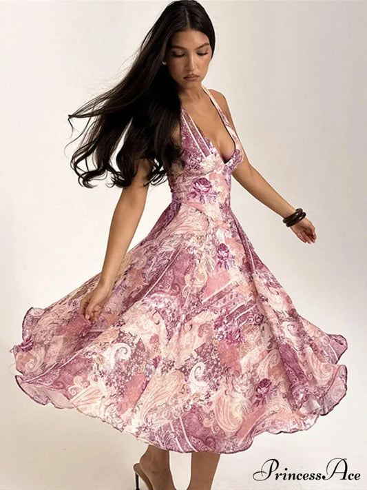 Print Folded A-line Holiday Dress vacationdress-250223