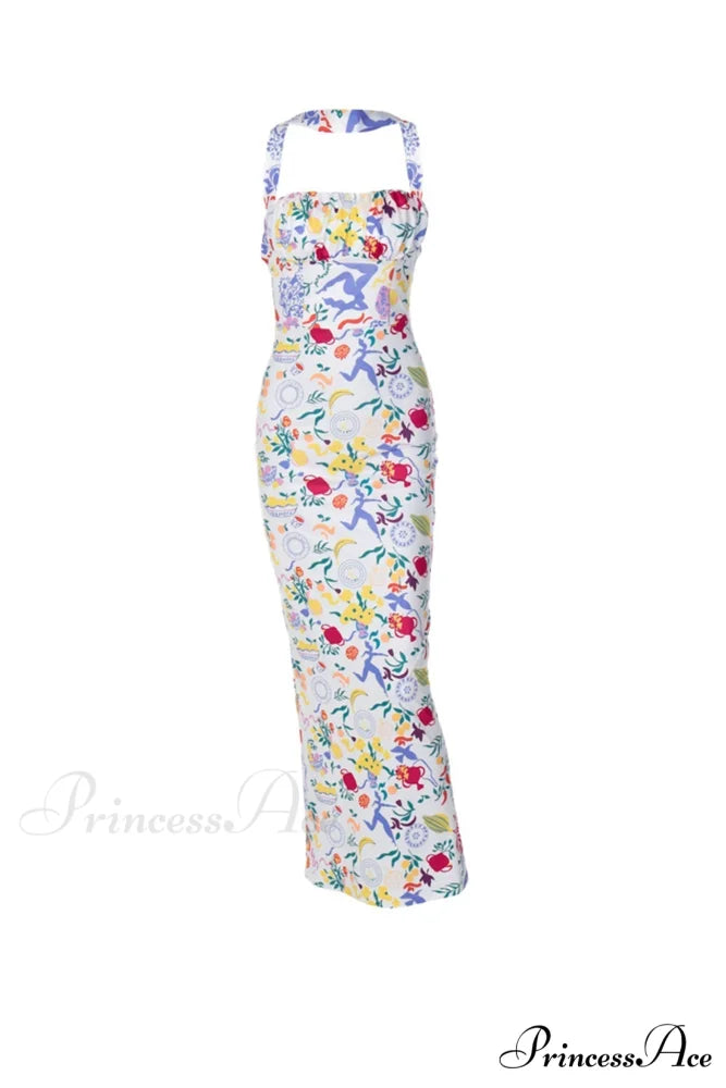 Print Halter Backless Dress in Multicolor