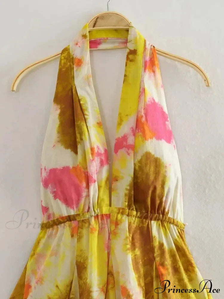 Print Halter Open Back Graceful Sleeveless V Neck Mini Dress