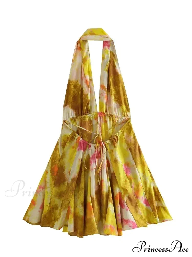 Print Halter Open Back Graceful Sleeveless V Neck Mini Dress