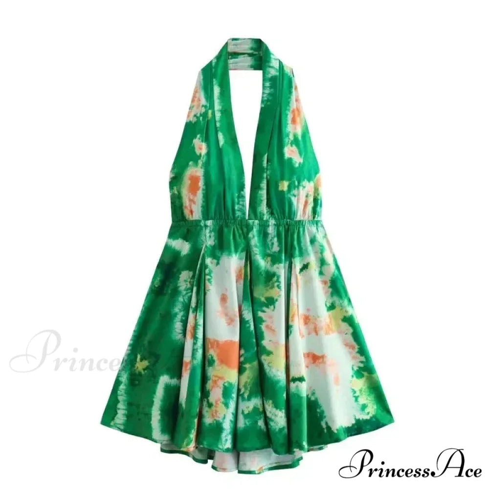 Print Halter Open Back Graceful Sleeveless V Neck Mini Dress green / L