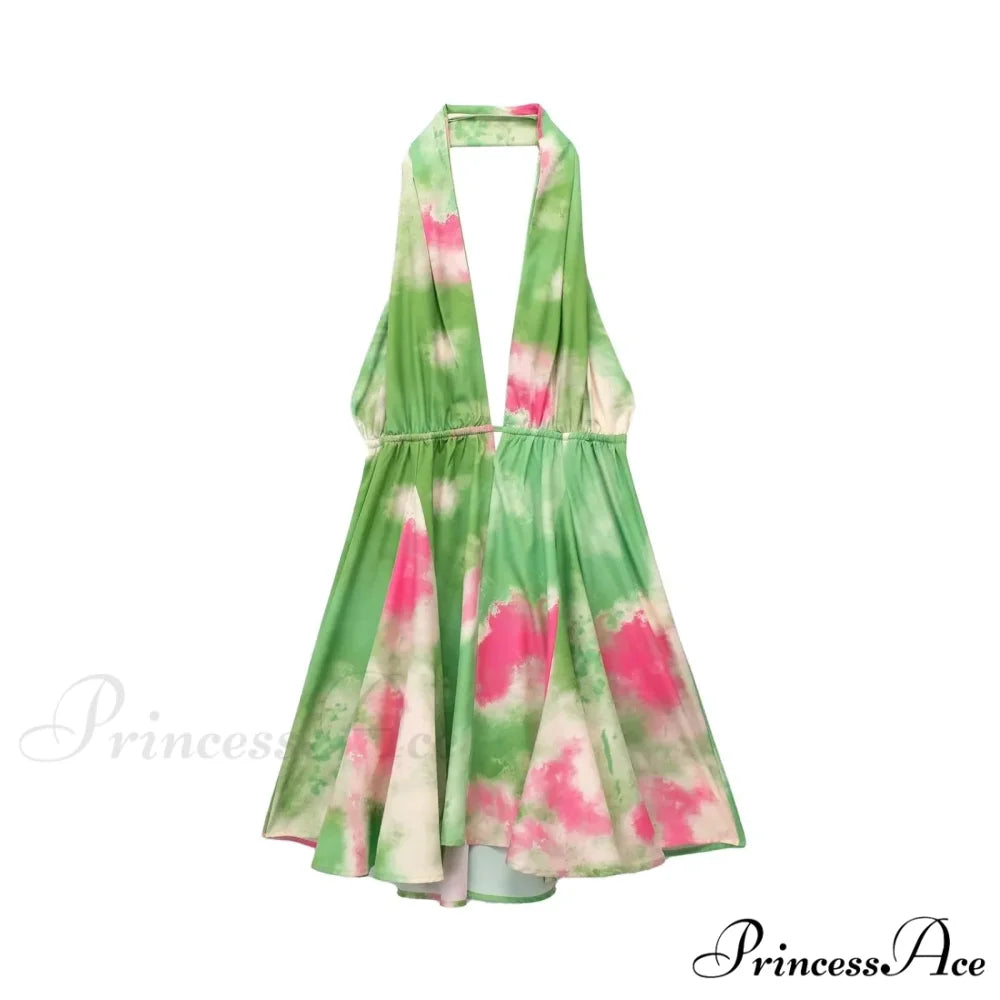 Print Halter Open Back Graceful Sleeveless V Neck Mini Dress green pink / L