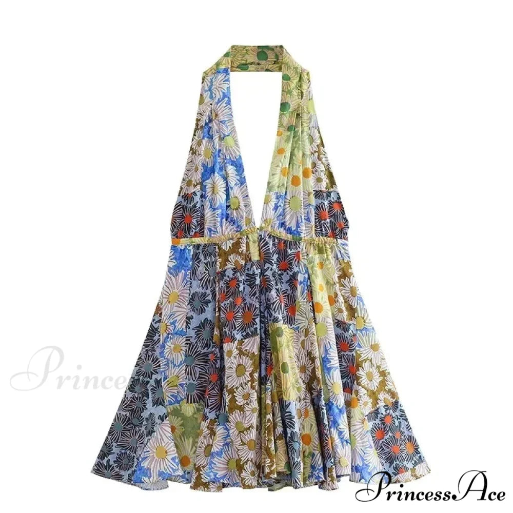 Print Halter Open Back Graceful Sleeveless V Neck Mini Dress print / L
