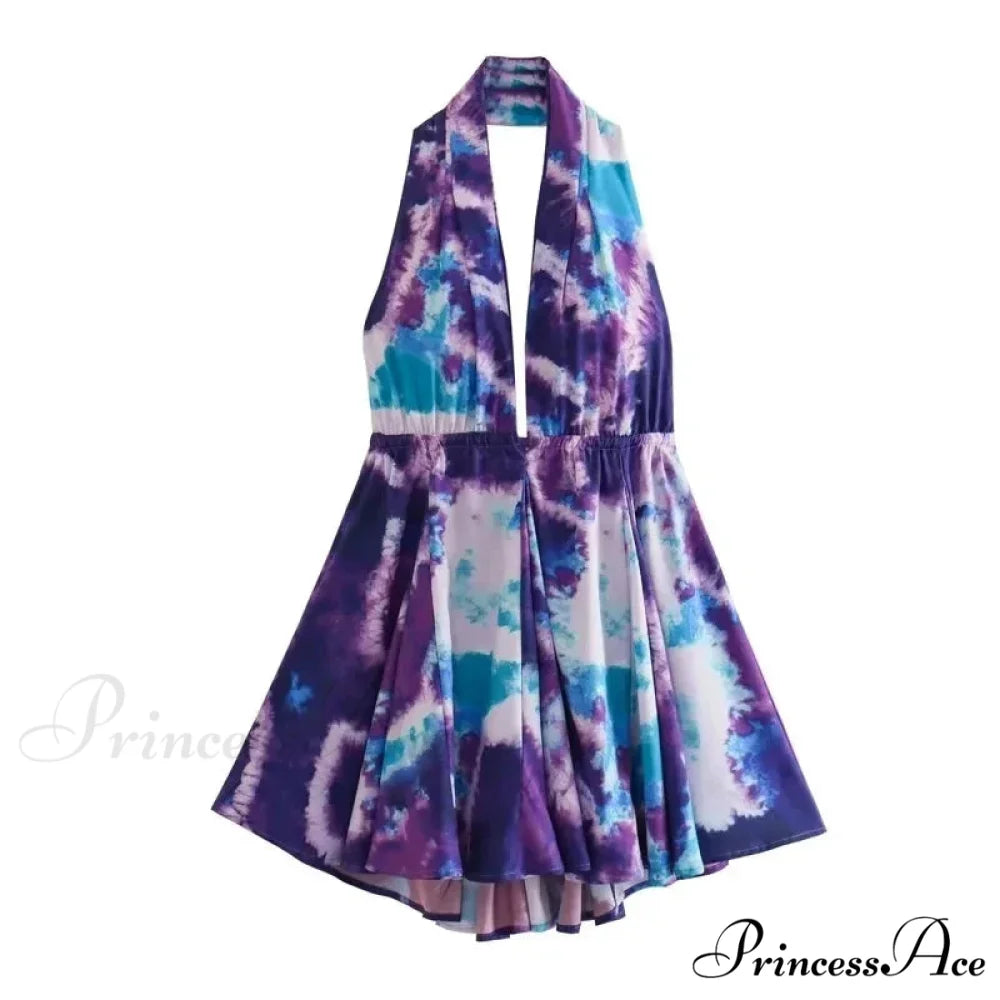 Print Halter Open Back Graceful Sleeveless V Neck Mini Dress purple / L