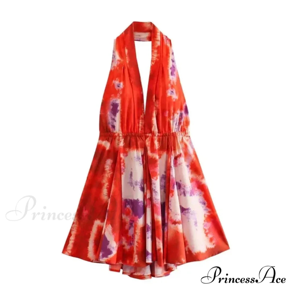 Print Halter Open Back Graceful Sleeveless V Neck Mini Dress red / L