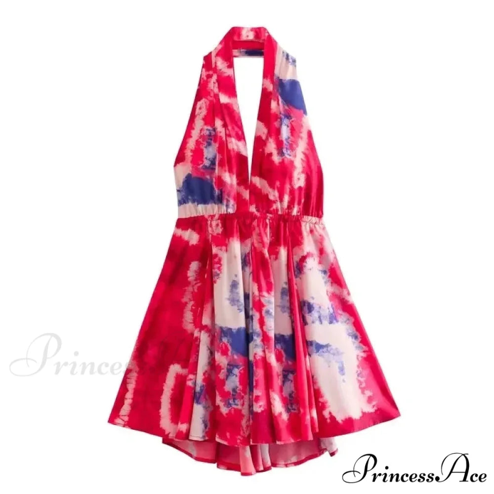 Print Halter Open Back Graceful Sleeveless V Neck Mini Dress rose red / L