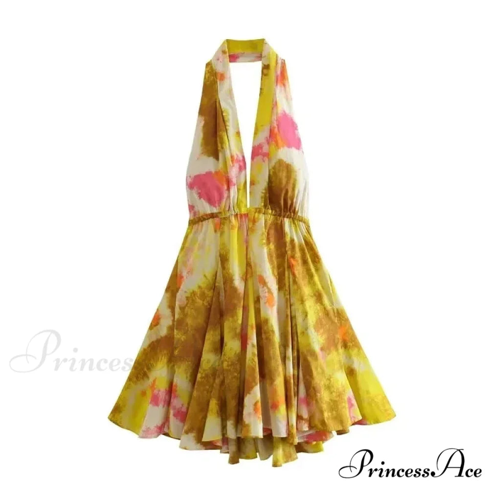 Print Halter Open Back Graceful Sleeveless V Neck Mini Dress yellow / L