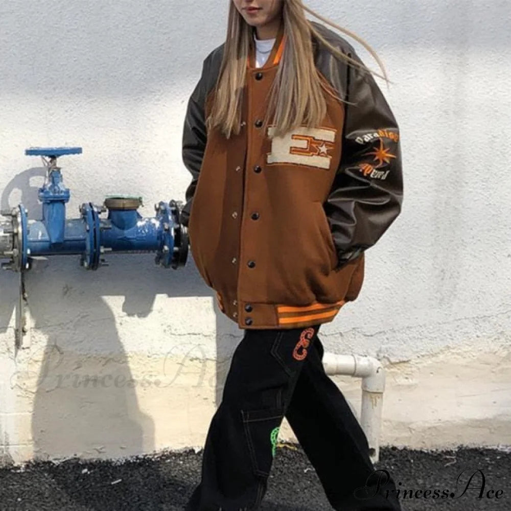 Print Loose Baseball Casual Sleeve Sports Coat Brown / S