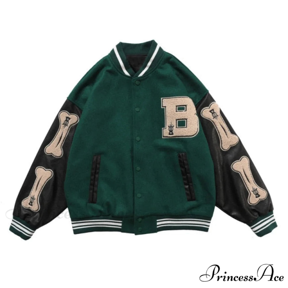 Print Loose Baseball Casual Sleeve Sports Coat Green / S