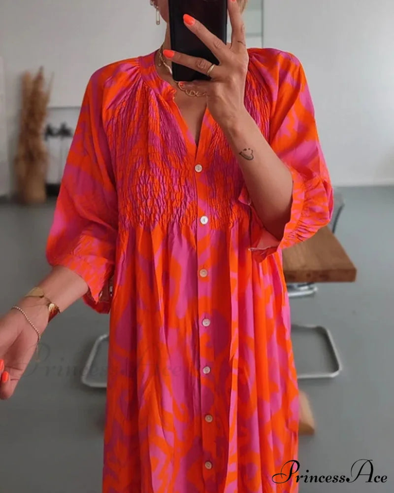 Print Midi Dress with 3/4 Sleeves
