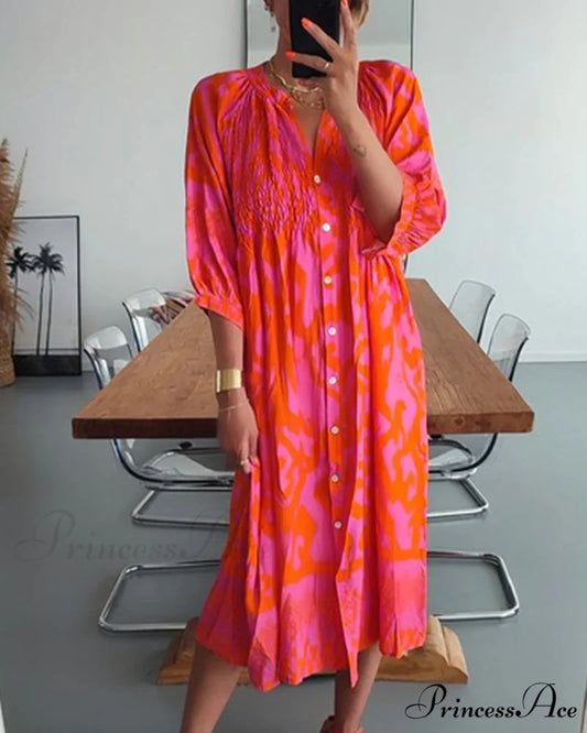 Print Midi Dress with 3/4 Sleeves Red / S