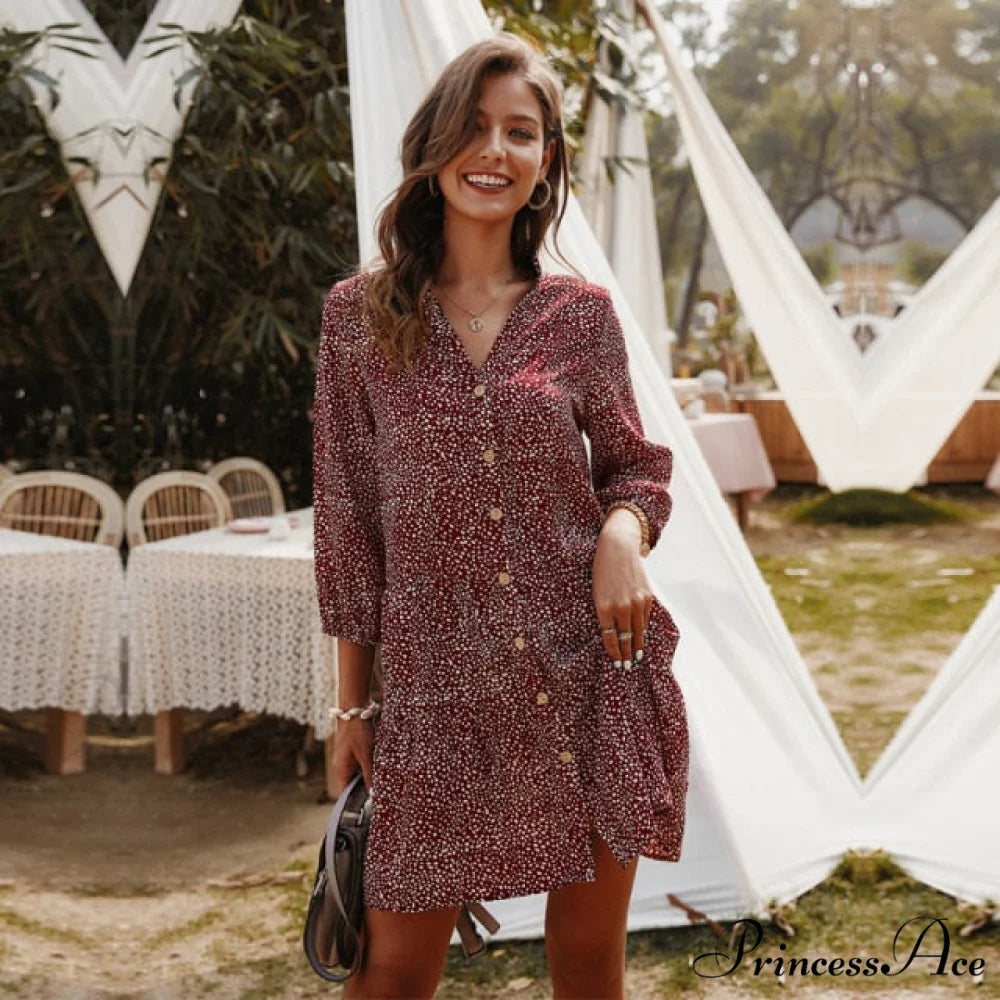 Print Mini V-neck Three Quarter Sleeve Dress Burgundy / S