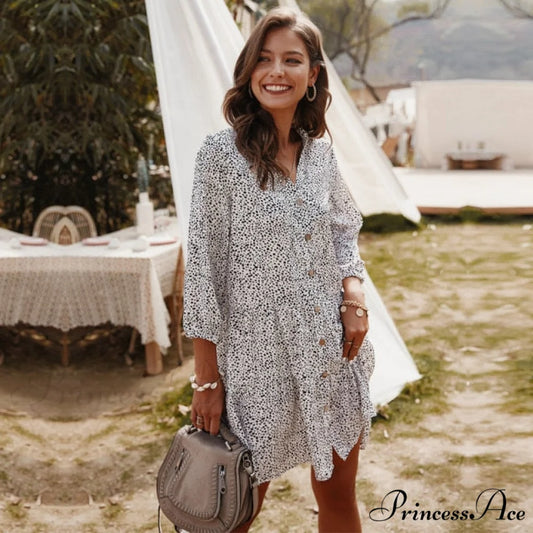 Print Mini V-neck Three Quarter Sleeve Dress white / S