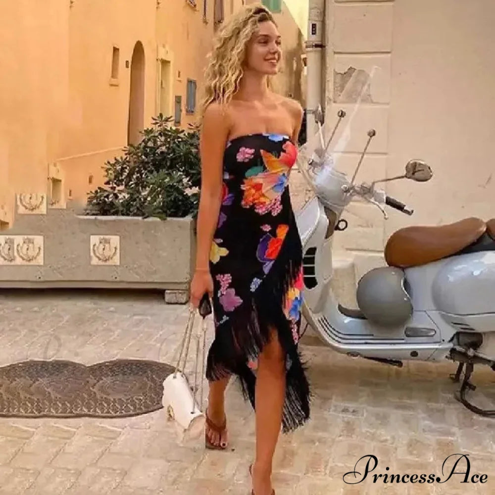 Print Off Shoulder Ruffle Strapless Backless Sleeveless SlimEvening Vestidos Floral Dress