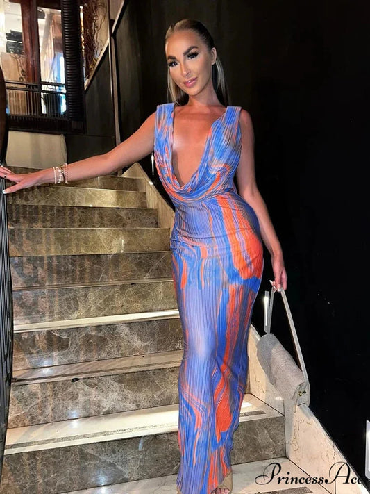 Print Profound Plunge Neck Full-Length Holiday Dress Blue / S vacationdress-250223
