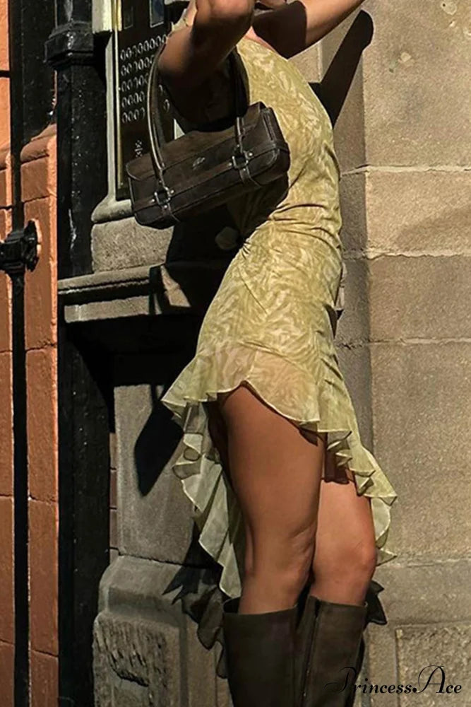 Print Ruffle Irregular Hem Dress with One Shoulder