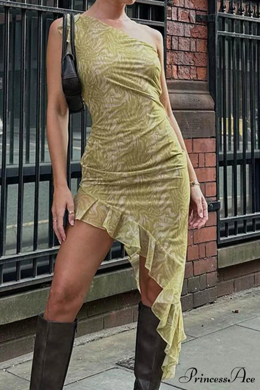Print Ruffle Irregular Hem Dress with One Shoulder Yellow Green / S