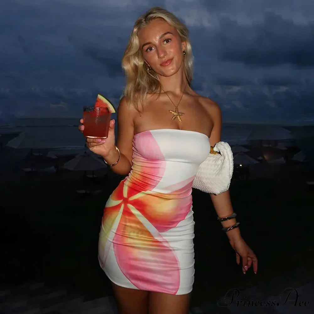 Print Slender Bodycon Bandeau Mini Holiday Dress Pink / S vacationdress-250223