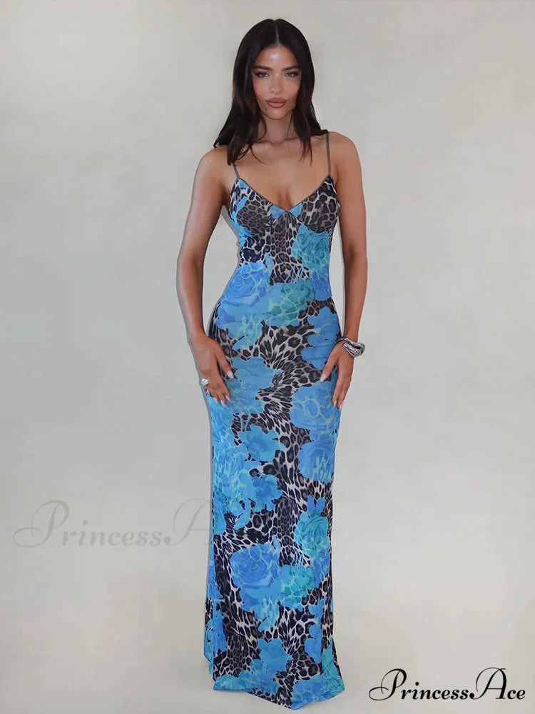 Print Slender Bodycon Long Holiday Dress Blue / S vacationdress-250223