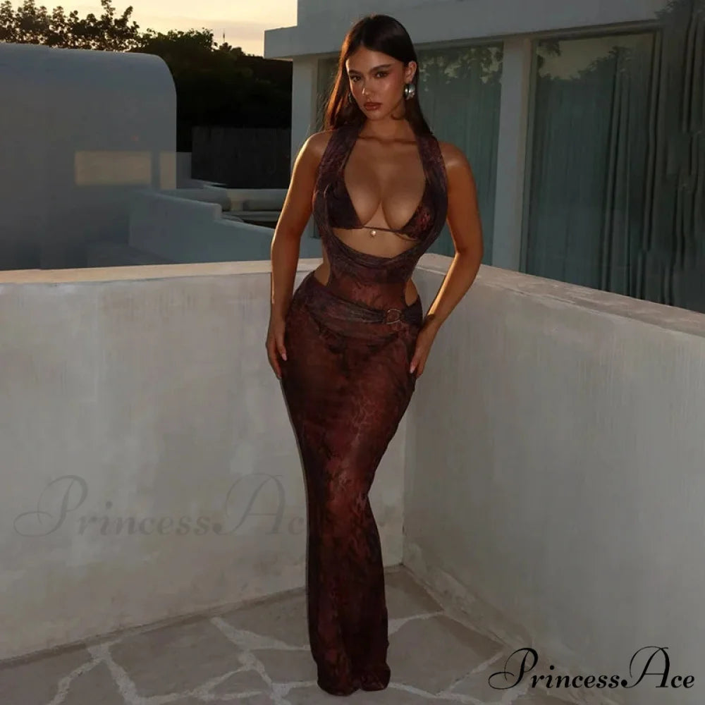 Print Slender Bodycon Long Holiday Dress Dark Brown / S vacationdress-250223