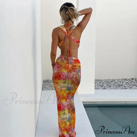 Print Slender Bodycon Long Holiday Dress vacationdress-250223