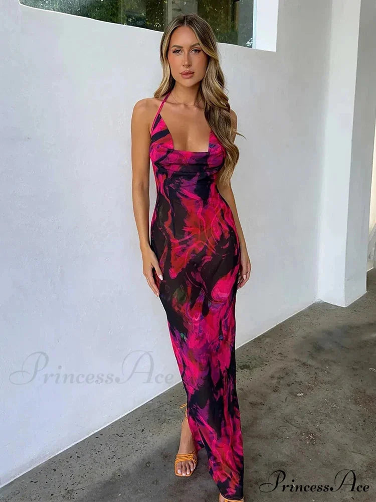 Print Sophisticated Midi Halter Getaway Dress Rose Red / S vacationdress-250223