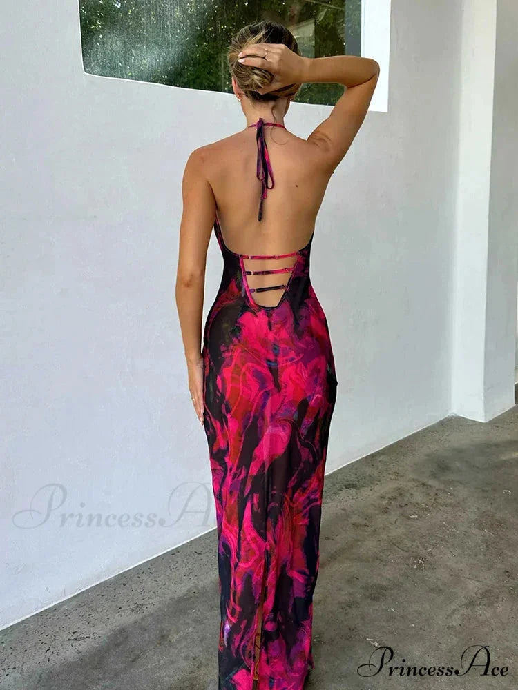 Print Sophisticated Midi Halter Getaway Dress vacationdress-250223