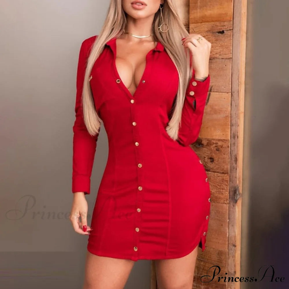 Print Turn Collar Button Design Side Slit Casual Dress Red / S