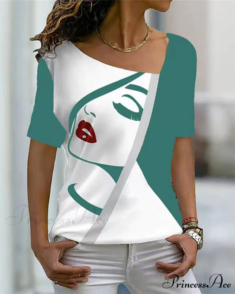 print V-neck face tee Green / S
