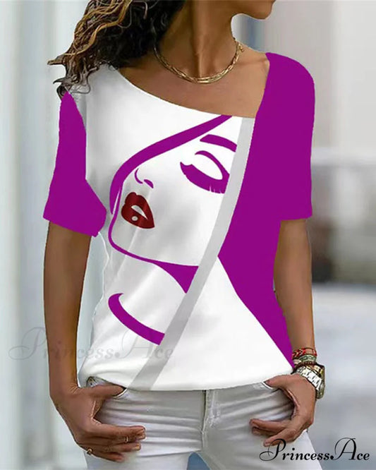 print V-neck face tee Purple / S