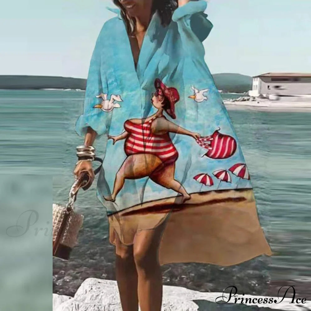 Print V-neck Long Sleeve Loose Dress 02 Flowers style 3 / S