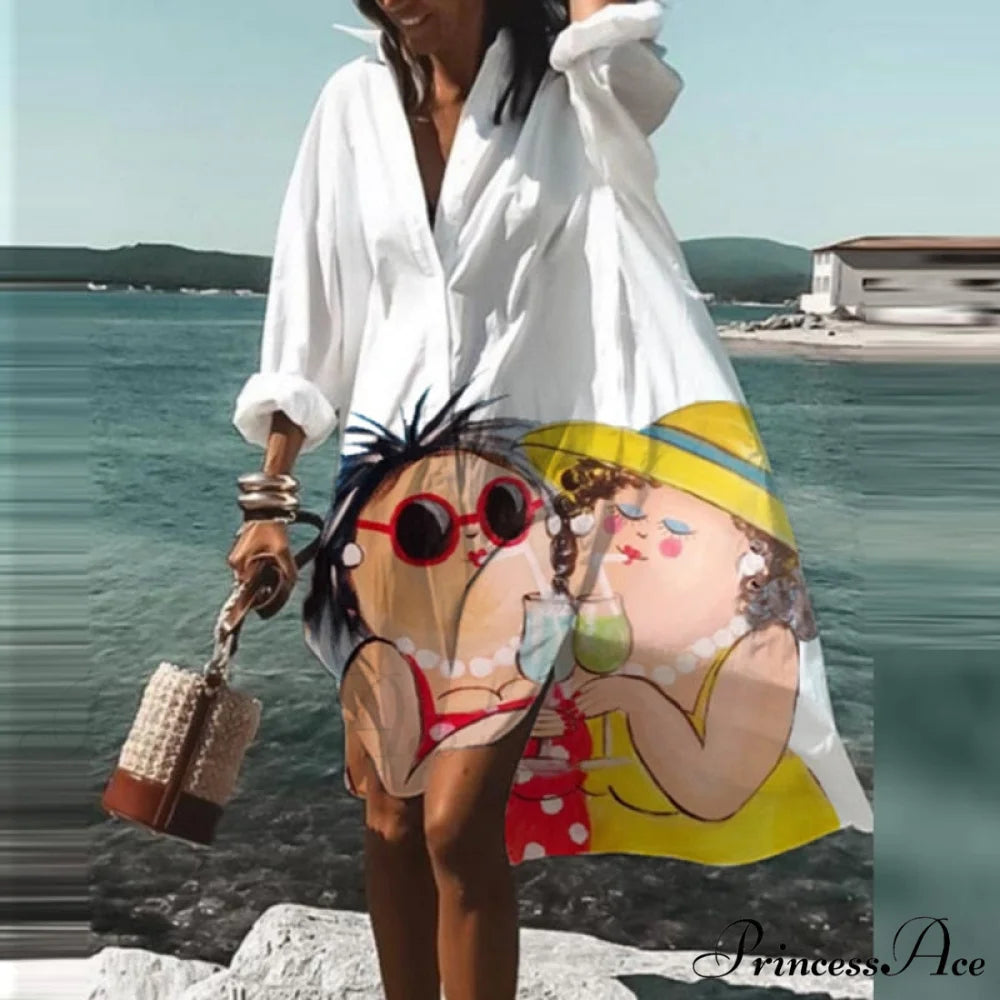 Print V-neck Long Sleeve Loose Dress 03 Flowers style 3 / S