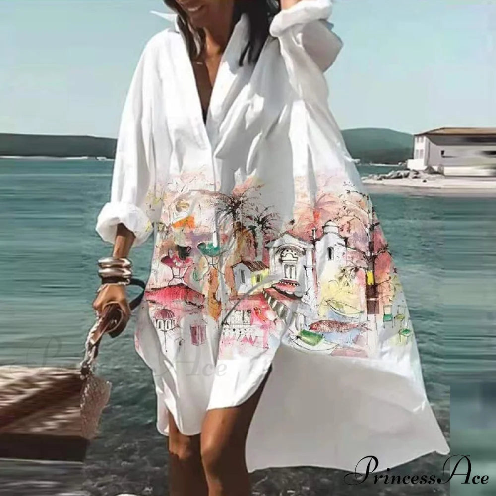 Print V-neck Long Sleeve Loose Dress 05 Flowers style 3 / S