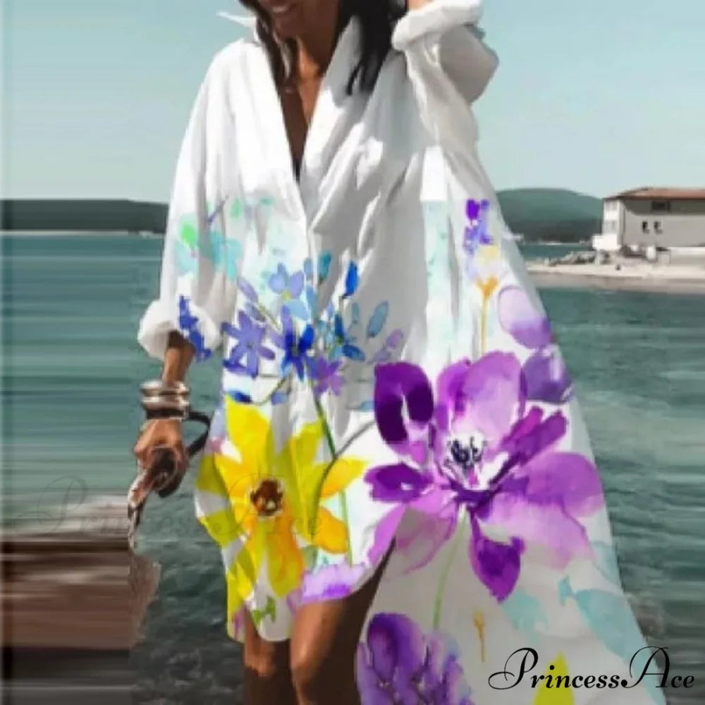 Print V-neck Long Sleeve Loose Dress 12 butterfly style 3 / S