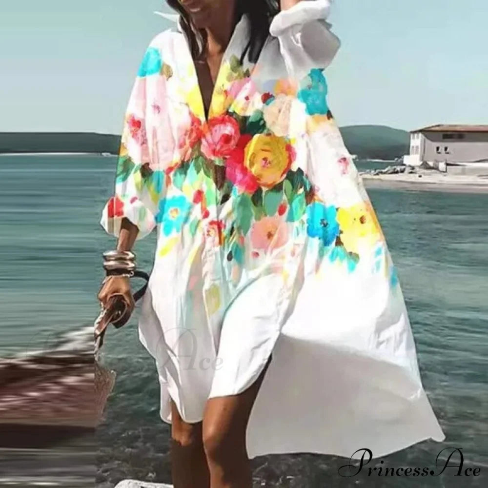 Print V-neck Long Sleeve Loose Dress 14 butterfly style 3 / S