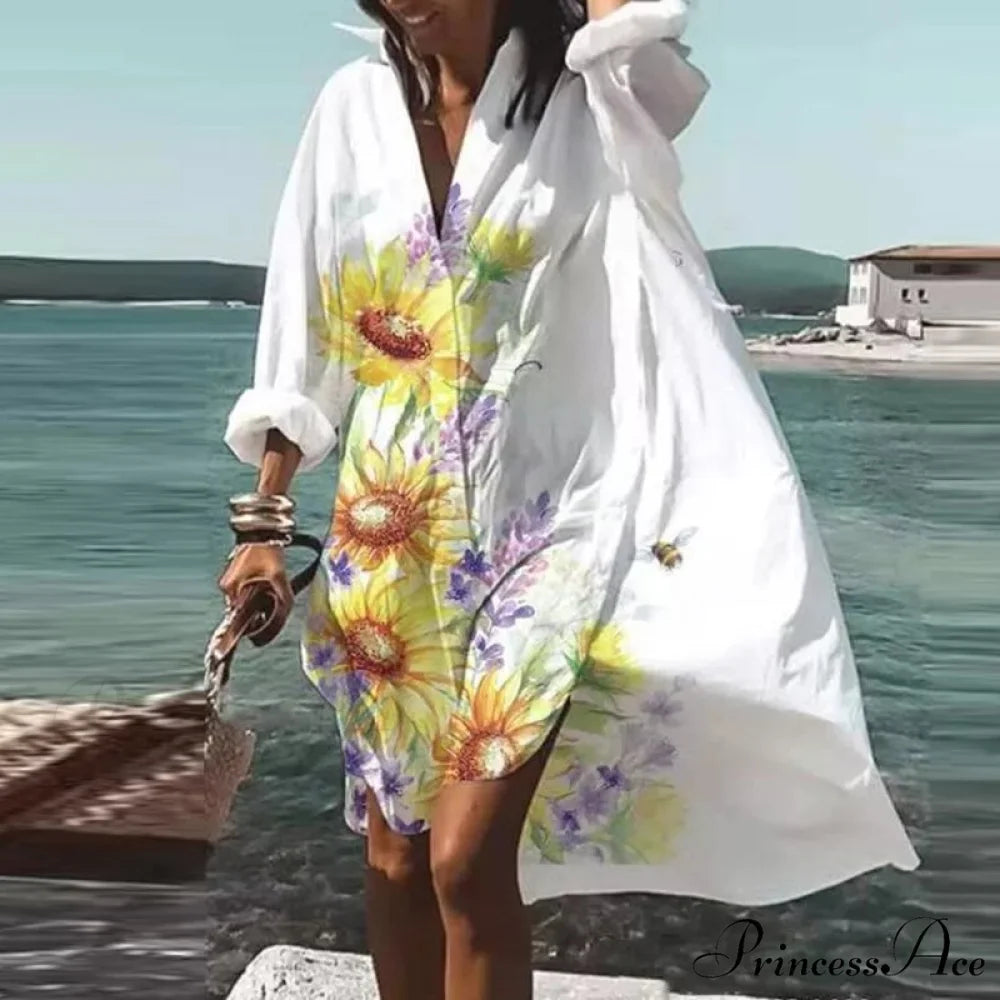 Print V-neck Long Sleeve Loose Dress 16 printing style 3 / S