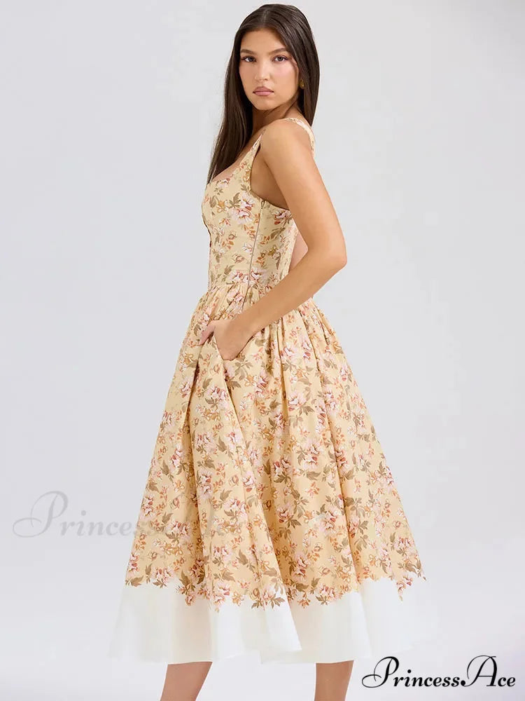 Print Waist Encircle A-line Holiday Dress vacationdress-250223
