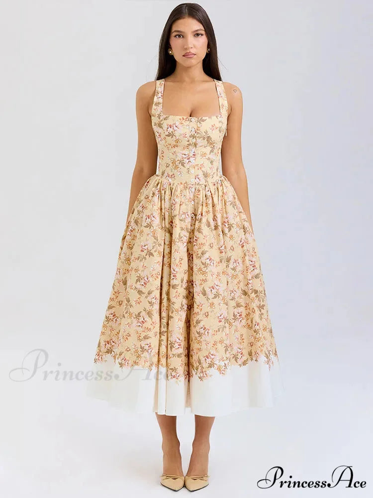 Print Waist Encircle A-line Holiday Dress Yellow / S vacationdress-250223