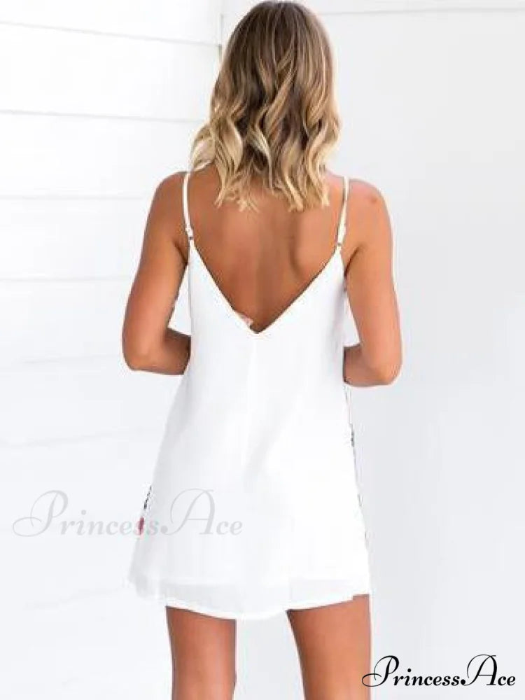 Printed Backless Mini Dress with Belt M / White