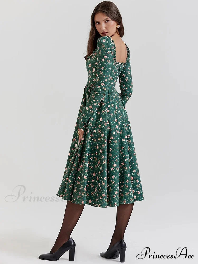 Printed Backless Square Neck Midi Flower Dress floraldress-250126