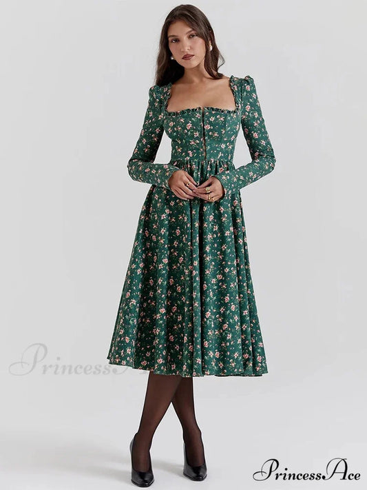 Printed Backless Square Neck Midi Flower Dress Green / S floraldress-250126