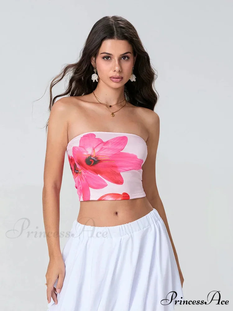 Printed Backless Strapless Cropped Tube Top Bandeau Pink / S croptop-250126