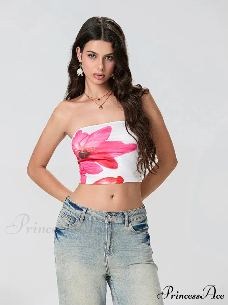 Printed Backless Strapless Cropped Tube Top Bandeau WHITE / S croptop-250126