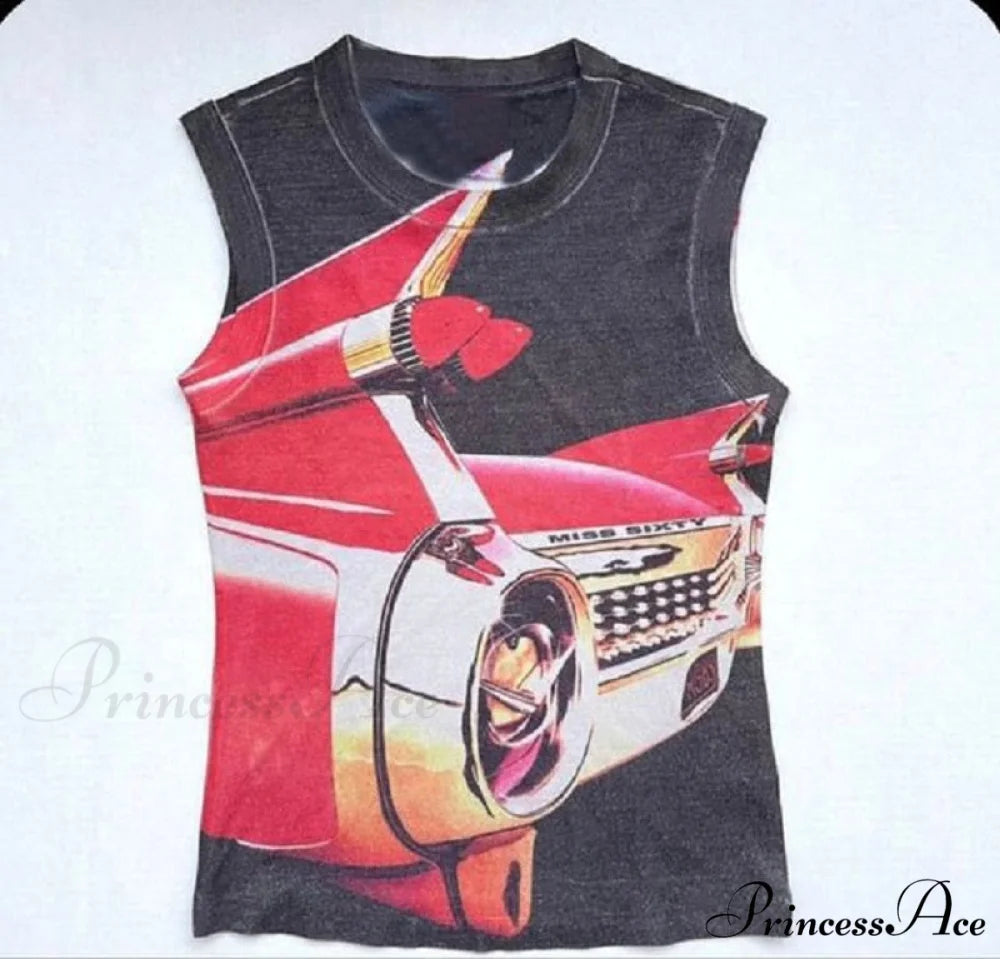 Printed Car Stylish Tank Top Black / S