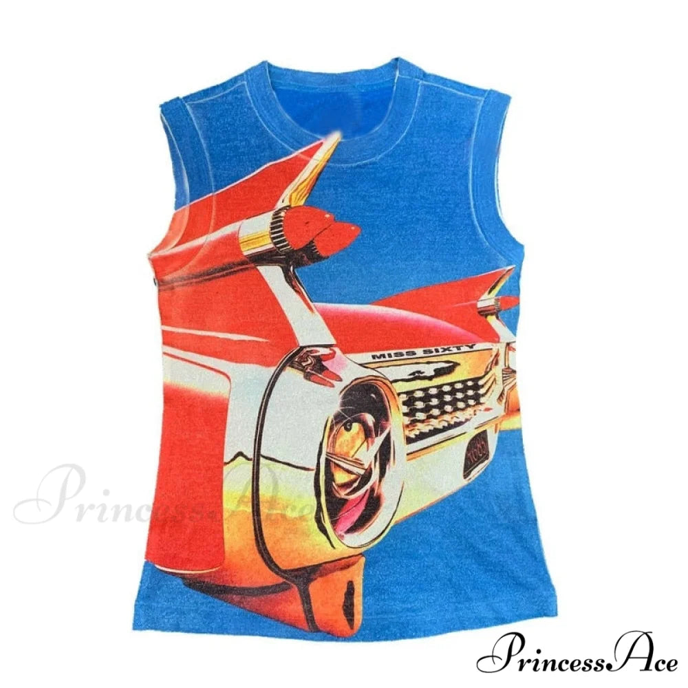 Printed Car Stylish Tank Top Blue / S