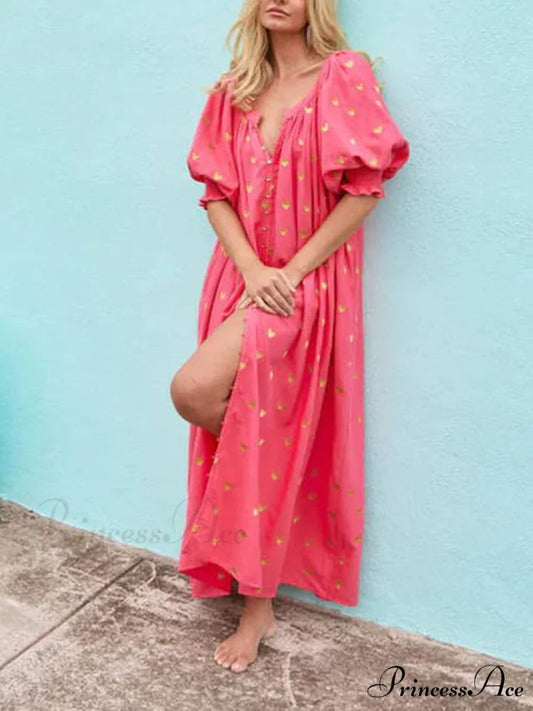 Printed Cardigan Short Charming Sleeve Oversized Midi Dress Red / S/M