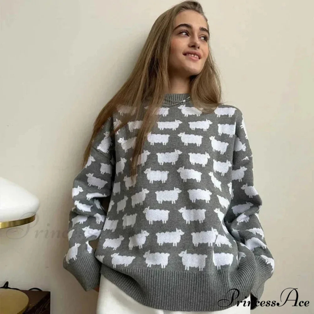 Printed Circular Neck Informal Extended Sleeve Jumper GRAY / S swraters-241228
