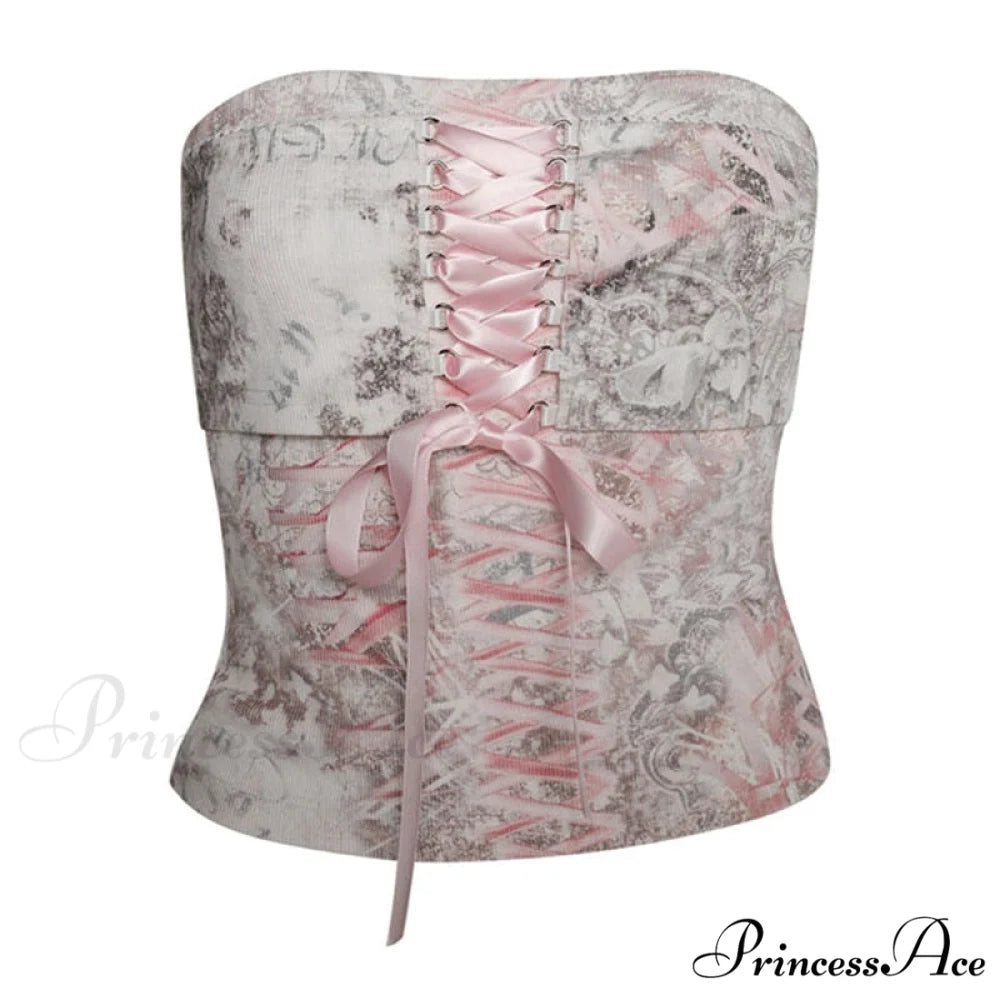Printed Corset Pink Charming Ribbon Tie-Up Tube Top S