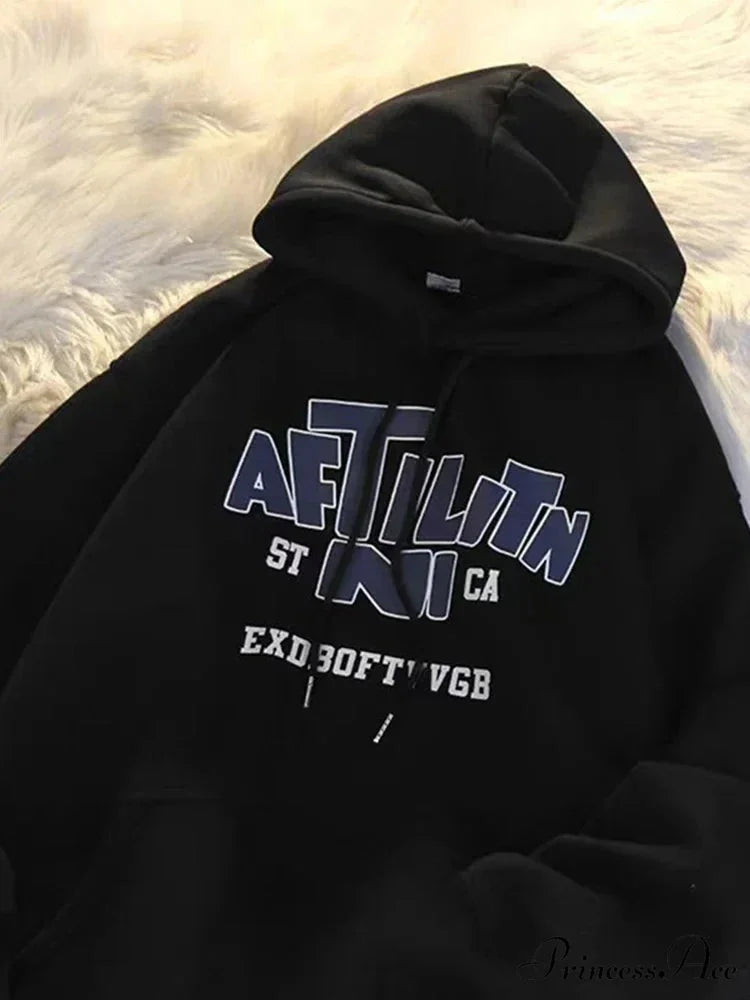 Printed Cotton Hoodie Black / M(40-45KG) hoodies-241228