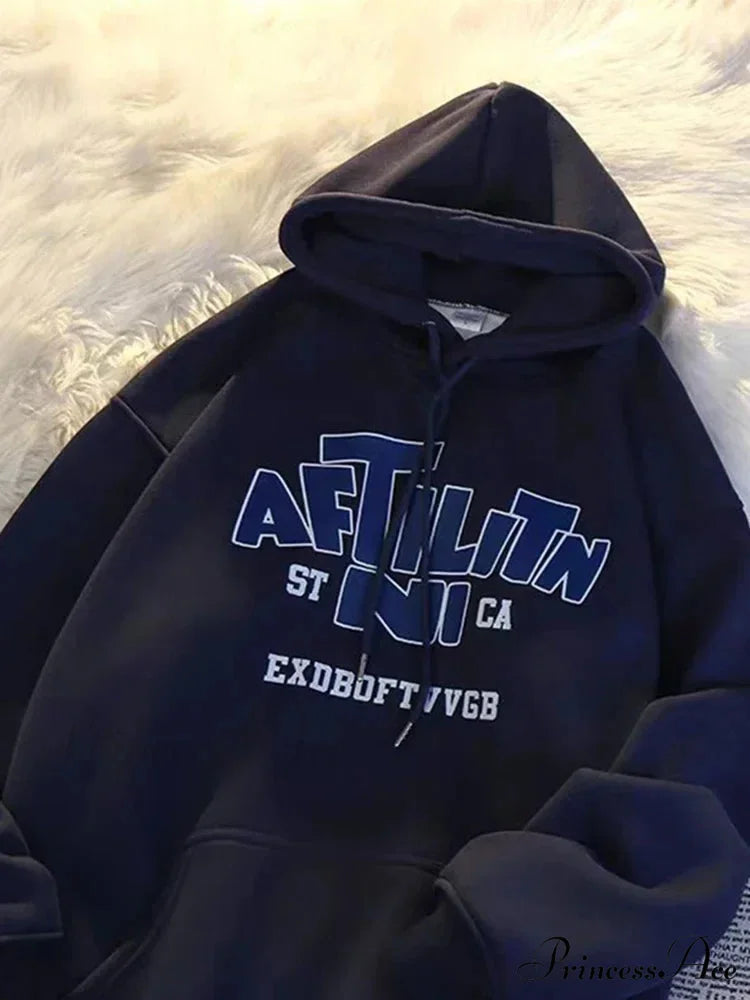 Printed Cotton Hoodie Navy Blue / M(40-45KG) hoodies-241228